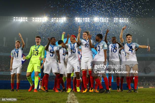 Players of England celebrate the first place after the FIFA U-17 World Cup India 2017 Final match between England and Spain at Vivekananda Yuba...