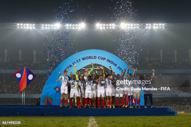 Players of England celebrate the first place after the FIFA U-17 World Cup India 2017 Final match between England and Spain at Vivekananda Yuba...