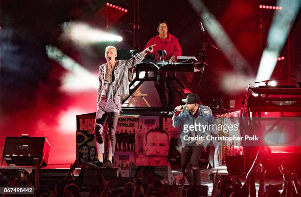 Musicians from Linkin Park; Mike Shinoda and Joe Hahn perform with MAchine Gun Kelly during the "Linkin Park And Friends Celebrate Life In Honor Of...