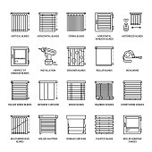 Window blinds, shades line icons. Various room darkening decoration, roller shutters, roman curtains, horizontal and vertical jalousie. Interior design thin linear signs for house decor shop