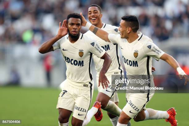 Thomas Lemar of Monaco celebrates after scoring a goal during the Ligue 1 match between FC Girondins de Bordeaux and AS Monaco at Stade Matmut...