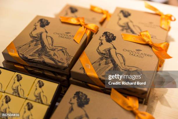 Chocolate creations by 'Chocolaterie Takasu' are seen during chocolate fair 'Salon Du Chocolat' at Parc des Expositions Porte de Versailles on...