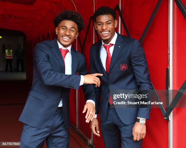 Arsenal's Reiss Nelson and Jeff Reine-Adelaide of Arsenal in the tunnel before the Premier League match between Arsenal and Swansea City at Emirates...