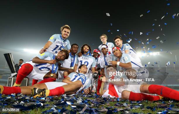England players celebrate victory during the FIFA U-17 World Cup India 2017 Final match between England and Spain at Vivekananda Yuba Bharati...