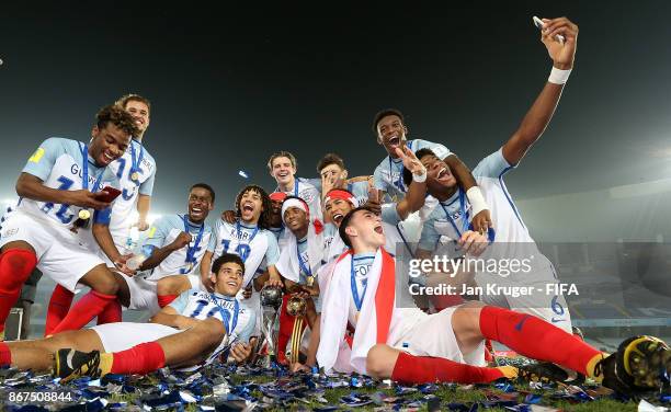 England players celebrate victory during the FIFA U-17 World Cup India 2017 Final match between England and Spain at Vivekananda Yuba Bharati...