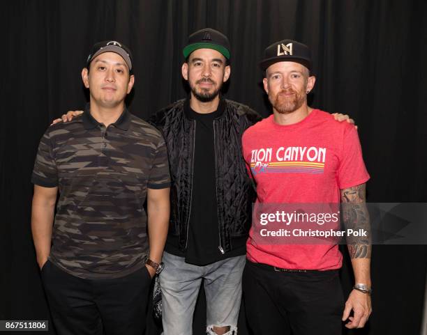 Musicians from Linkin Park; Joe Hahn, Mike Shinoda and Dave Farrell perform during the "Linkin Park And Friends Celebrate Life In Honor Of Chester...