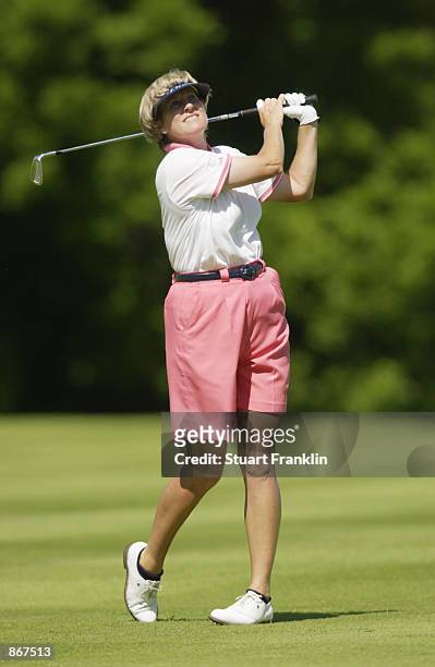Betsy King hits a shot during the first round of the Evian Masters on June 12, 2002 at Evian Masters Golf Club in Evian-les-Bains, France.