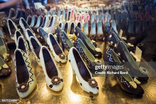 Creations by 'Choco Passion' are seen during chocolate fair 'Salon Du Chocolat' at Parc des Expositions Porte de Versailles on October 28, 2017 in...