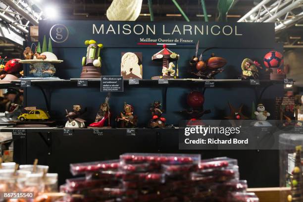 Creations by 'Maison Larnicol' are seen during chocolate fair 'Salon Du Chocolat' at Parc des Expositions Porte de Versailles on October 28, 2017 in...