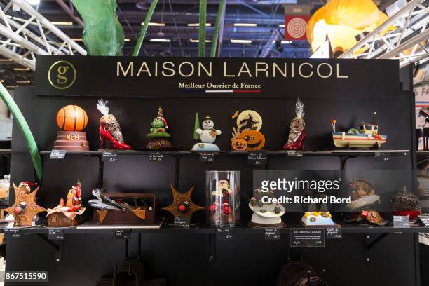 Creations by 'Maison Larnicol' are seen during chocolate fair 'Salon Du Chocolat' at Parc des Expositions Porte de Versailles on October 28, 2017 in...
