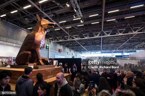 Giant fox chocolate made by master confectioner Yann Couvreur and artist Richard Orlinski is seen during chocolate fair 'Salon Du Chocolat' at Parc...