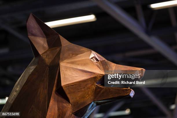 Giant fox chocolate made by master confectioner Yann Couvreur and artist Richard Orlinski is seen during chocolate fair 'Salon Du Chocolat' at Parc...