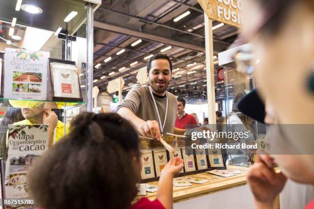 View of amtosphere on the Colombian booth during chocolate fair 'Salon Du Chocolat' at Parc des Expositions Porte de Versailles on October 28, 2017...