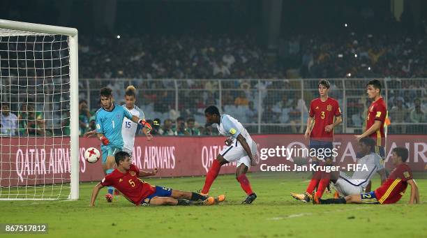 Marc Guehi of England scores during the FIFA U-17 World Cup India 2017 Final match between England and Spain at Vivekananda Yuba Bharati Krirangan on...