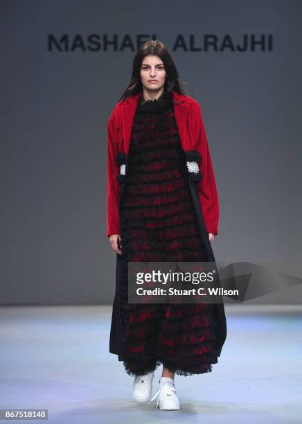 Model walks the runway during the Mashael show at Fashion Forward October 2017 held at the Dubai Design District on October 28, 2017 in Dubai, United...