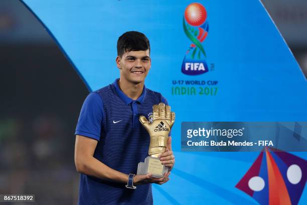 Gabriel Brazao of Brazil poses with adidas Golden Glove Trophy during the FIFA U-17 World Cup India 2017 Final match between England and Spain at...