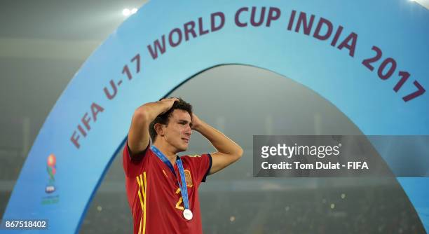 Mateu Jaume of Spain looks dejected after the FIFA U-17 World Cup India 2017 Final match between England and Spain at Vivekananda Yuba Bharati...