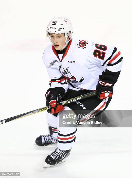 Philip Tomasino of the Niagara IceDogs skates during an OHL game against the Oshawa Generals at the Meridian Centre on October 26, 2017 in St...