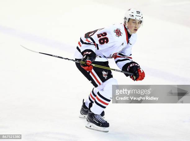 Philip Tomasino of the Niagara IceDogs skates during an OHL game against the Oshawa Generals at the Meridian Centre on October 26, 2017 in St...