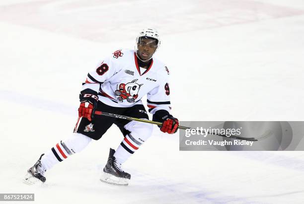 Elijah Roberts of the Niagara IceDogs skates during an OHL game against the Oshawa Generals at the Meridian Centre on October 26, 2017 in St...