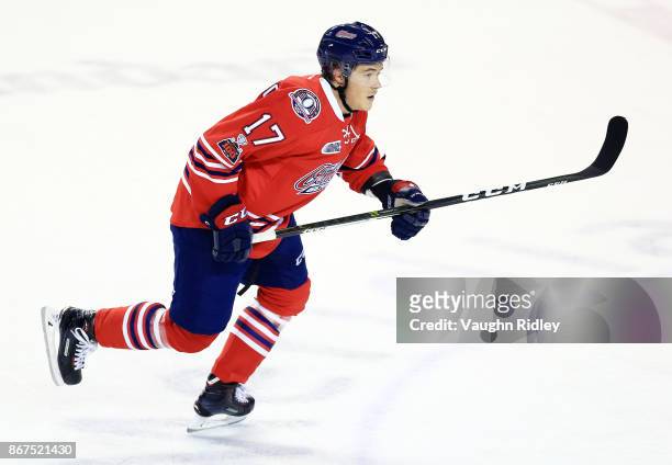 Renars Krastenbergs of the Oshawa Generals skates during an OHL game against the Niagara IceDogs at the Meridian Centre on October 26, 2017 in St...