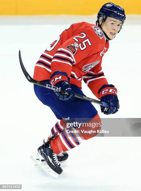 Kenny Huether of the Oshawa Generals skates during an OHL game against the Niagara IceDogs at the Meridian Centre on October 26, 2017 in St...