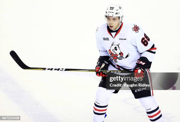 Billy Constantinou of the Niagara IceDogs skates during an OHL game against the Oshawa Generals at the Meridian Centre on October 26, 2017 in St...