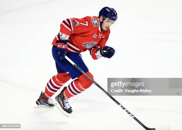 Hayden McCool of the Oshawa Generals skates during an OHL game against the Niagara IceDogs at the Meridian Centre on October 26, 2017 in St...