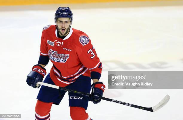 Alex DiCarlo of the Oshawa Generals skates during an OHL game against the Niagara IceDogs at the Meridian Centre on October 26, 2017 in St...
