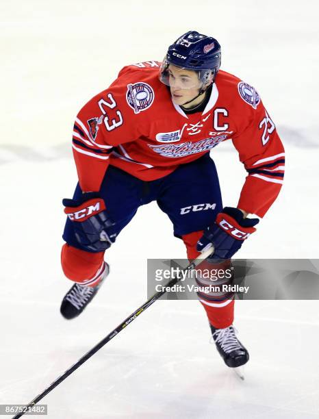 Jack Studnicka of the Oshawa Generals skates during an OHL game against the Niagara IceDogs at the Meridian Centre on October 26, 2017 in St...