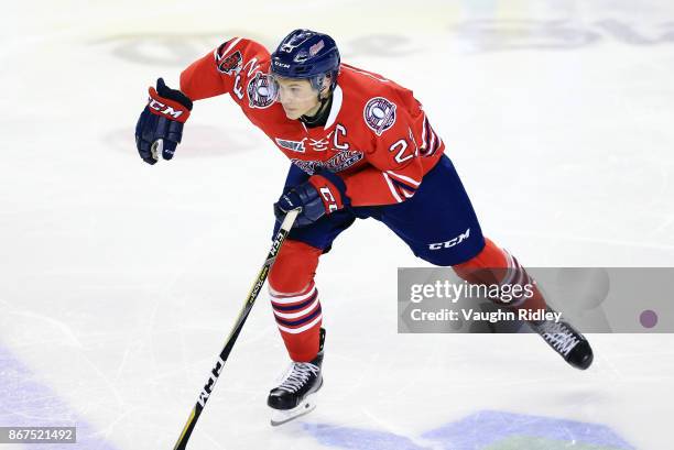 Jack Studnicka of the Oshawa Generals skates during an OHL game against the Niagara IceDogs at the Meridian Centre on October 26, 2017 in St...