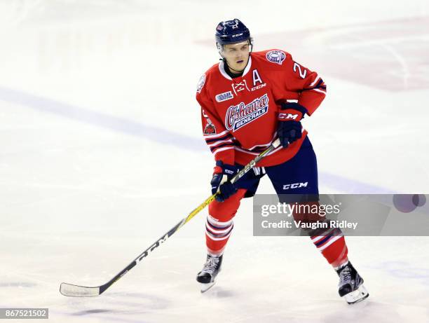 Matt Brassard of the Oshawa Generals skates during an OHL game against the Niagara IceDogs at the Meridian Centre on October 26, 2017 in St...