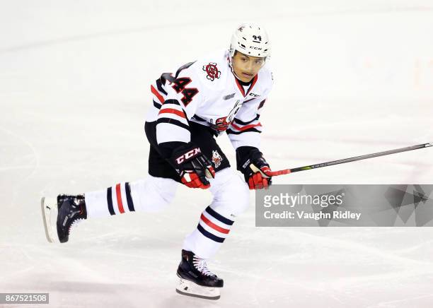 Akil Thomas of the Niagara IceDogs skates during an OHL game against the Oshawa Generals at the Meridian Centre on October 26, 2017 in St Catharines,...