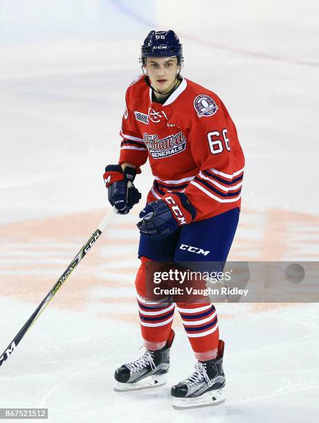 Nico Gross of the Oshawa Generals skates during an OHL game against the Niagara IceDogs at the Meridian Centre on October 26, 2017 in St Catharines,...