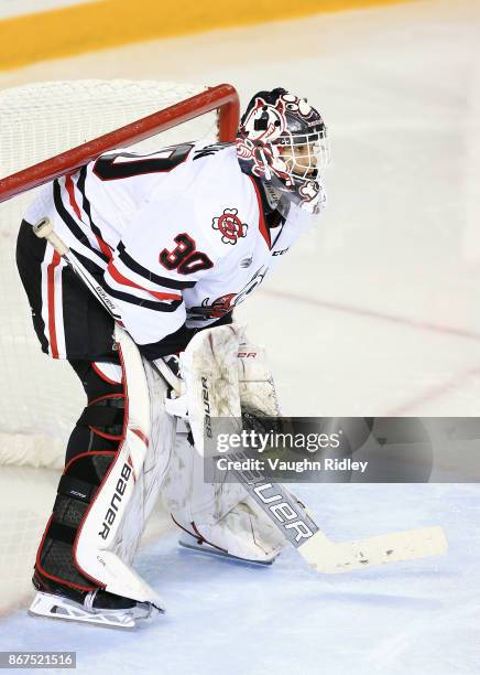 Stephen Dhillon of the Niagara IceDogs looks on during an OHL game against the Oshawa Generals at the Meridian Centre on October 26, 2017 in St...