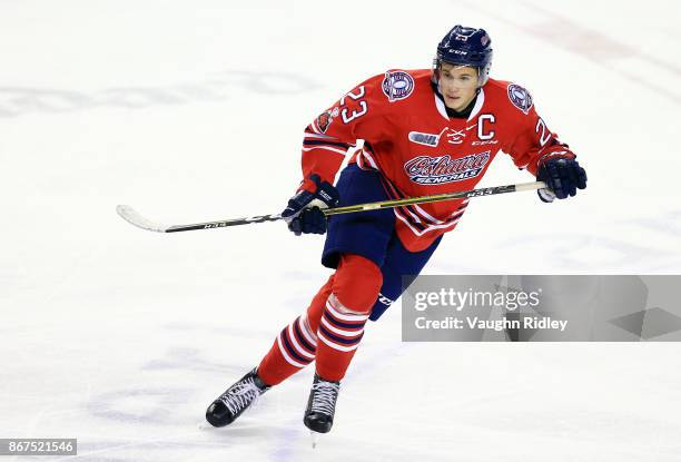 Jack Studnicka of the Oshawa Generals skates during an OHL game against the Niagara IceDogs at the Meridian Centre on October 26, 2017 in St...