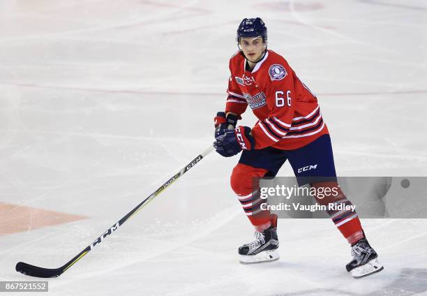 Nico Gross of the Oshawa Generals skates during an OHL game against the Niagara IceDogs at the Meridian Centre on October 26, 2017 in St Catharines,...