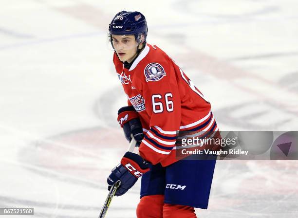 Nico Gross of the Oshawa Generals skates during an OHL game against the Niagara IceDogs at the Meridian Centre on October 26, 2017 in St Catharines,...