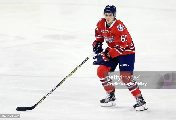 Nico Gross of the Oshawa Generals skates during an OHL game against the Niagara IceDogs at the Meridian Centre on October 26, 2017 in St Catharines,...