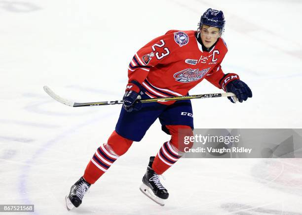 Jack Studnicka of the Oshawa Generals skates during an OHL game against the Niagara IceDogs at the Meridian Centre on October 26, 2017 in St...