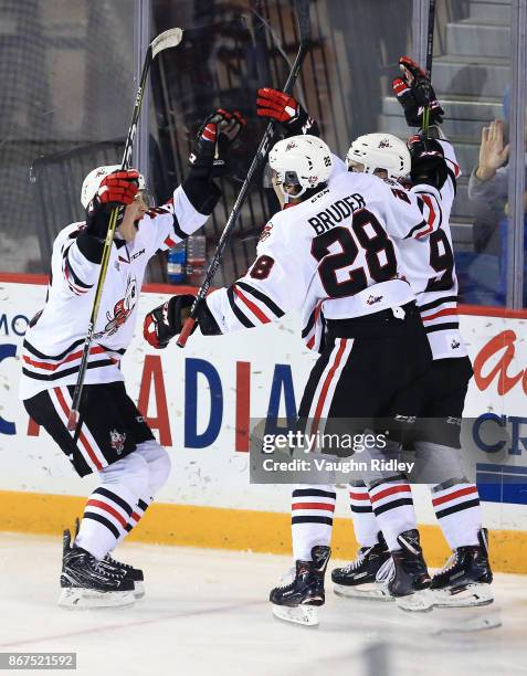 Joshua Dame of the Niagara IceDogs celebrates a goal during an OHL game against the Oshawa Generals at the Meridian Centre on October 26, 2017 in St...