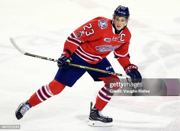 Jack Studnicka of the Oshawa Generals skates during an OHL game against the Niagara IceDogs at the Meridian Centre on October 26, 2017 in St...