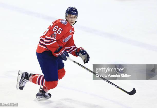 Nico Gross of the Oshawa Generals skates during an OHL game against the Niagara IceDogs at the Meridian Centre on October 26, 2017 in St Catharines,...