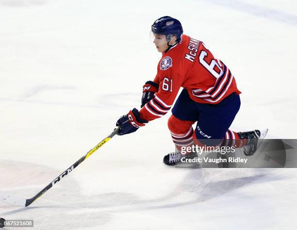 Allan McShane of the Oshawa Generals skates with the puck during an OHL game against the Niagara IceDogs at the Meridian Centre on October 26, 2017...