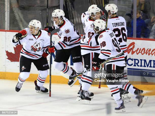 Joshua Dame of the Niagara IceDogs celebrates a goal during an OHL game against the Oshawa Generals at the Meridian Centre on October 26, 2017 in St...