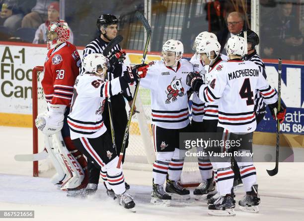 Danial Singer of the Niagara IceDogs celebrates a goal during an OHL game against the Oshawa Generals at the Meridian Centre on October 26, 2017 in...