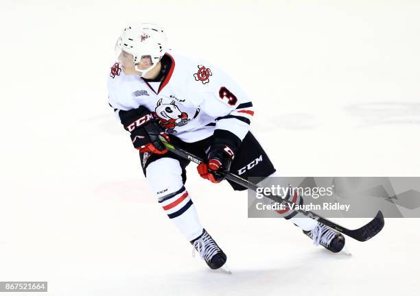 Ben Jones of the Niagara IceDogs skates during an OHL game against the Oshawa Generals at the Meridian Centre on October 26, 2017 in St Catharines,...