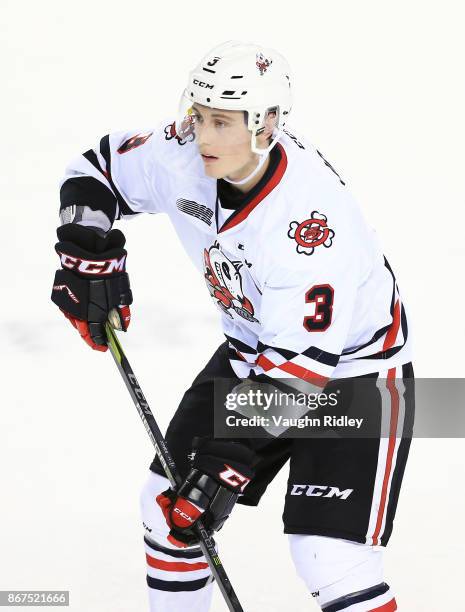 Ben Jones of the Niagara IceDogs skates during an OHL game against the Oshawa Generals at the Meridian Centre on October 26, 2017 in St Catharines,...