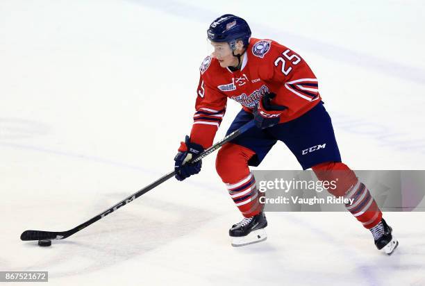 Kenny Huether of the Oshawa Generals skates during an OHL game against the Niagara IceDogs at the Meridian Centre on October 26, 2017 in St...