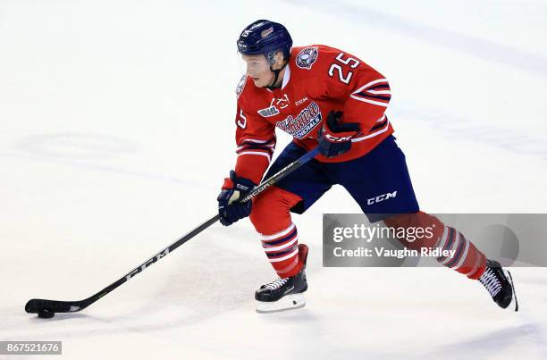 Kenny Huether of the Oshawa Generals skates during an OHL game against the Niagara IceDogs at the Meridian Centre on October 26, 2017 in St...